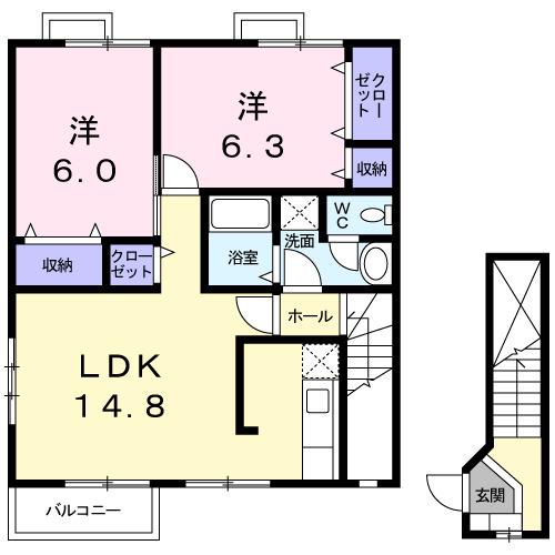 オーブリー吉田 A棟(2LDK/2階)の間取り写真