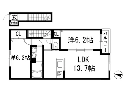 ＪＲ福知山線 中山寺駅 徒歩32分 2階建 築3年(2LDK/2階)の間取り写真