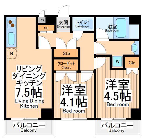 イーストビー国立(2LDK/4階)の間取り写真