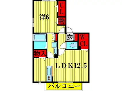ピースドエルB(1LDK/2階)の間取り写真
