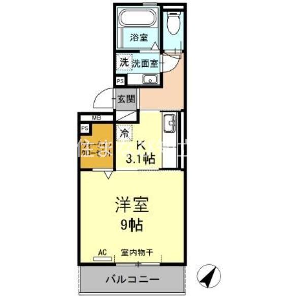 フローラ島間(1K/3階)の間取り写真