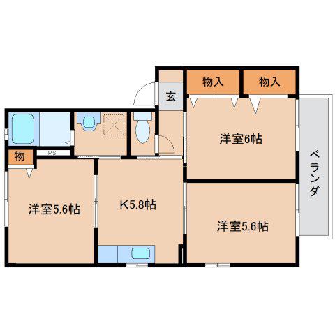 ライン大和D(3K/1階)の間取り写真