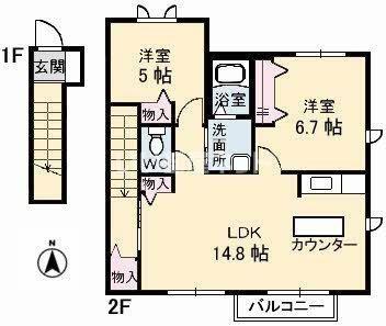 ブランシェ野原A(2LDK/2階)の間取り写真