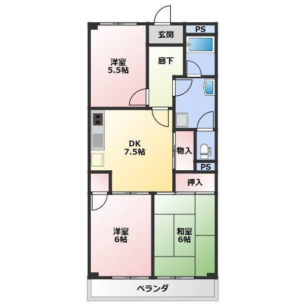 OS・SKYマンション植田南(3DK/2階)の間取り写真