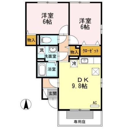 アランシア A棟(2DK/1階)の間取り写真