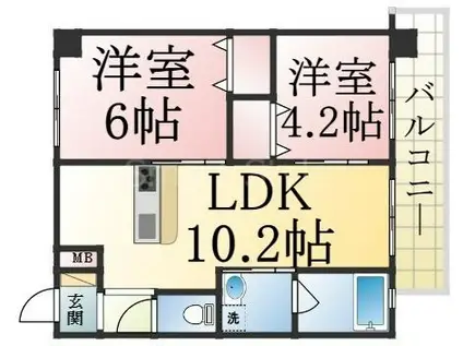 プリオーレ神戸大開通(1LDK/2階)の間取り写真