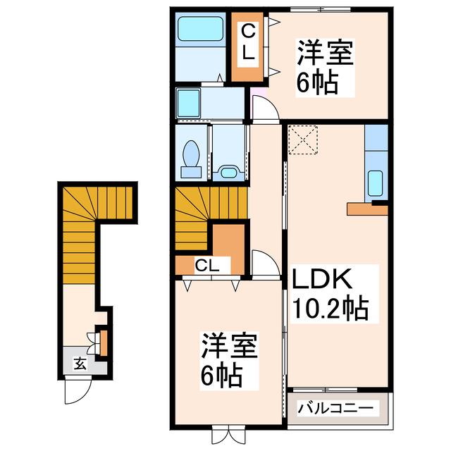 ランドヒルズA・B・C(2LDK/2階)の間取り写真