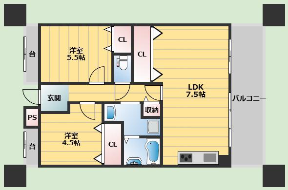 グランベール刀根山(2DK/3階)の間取り写真