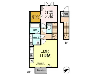 ラフィネ藤川(1LDK/2階)の間取り写真