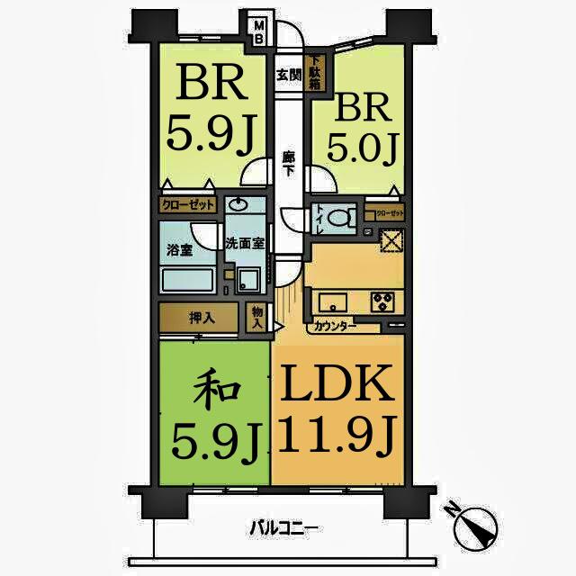 レックス川崎ピラーズコート(2LDK/9階)の間取り写真
