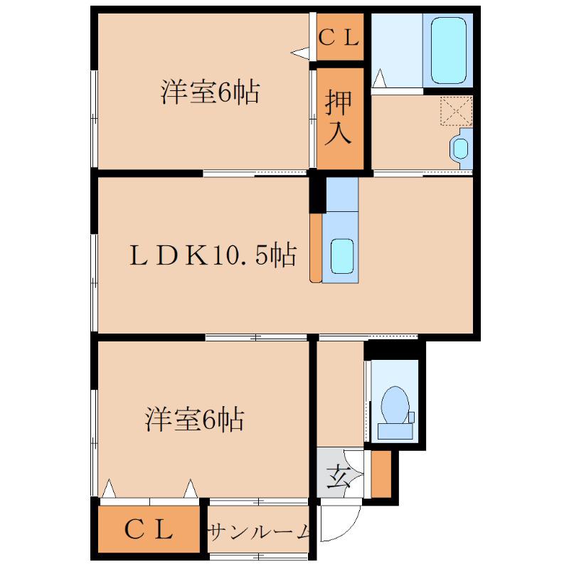ボヌール大浦IIB棟(2LDK/1階)の間取り写真
