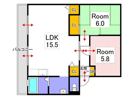 サンビレッジ浜野C棟(2LDK/1階)の間取り写真