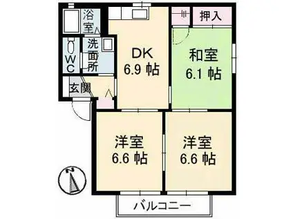 シャルマンらくざん I棟(3DK/2階)の間取り写真