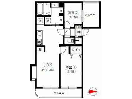 ウィンビュー磯子(2LDK/4階)の間取り写真