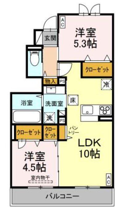 トリシア中條 B(2LDK/1階)の間取り写真