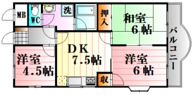 スカイハイツB棟(3DK/3階)の間取り写真