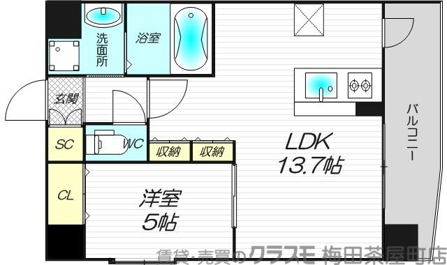 スプランディッド中之島ウエスト(1LDK/9階)の間取り写真