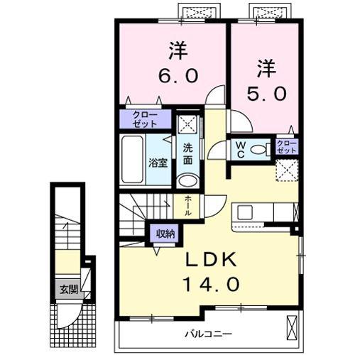 サウスコートI(2LDK/2階)の間取り写真