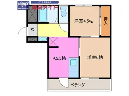 ヴィラナリー津 A棟(2K/4階)の間取り写真