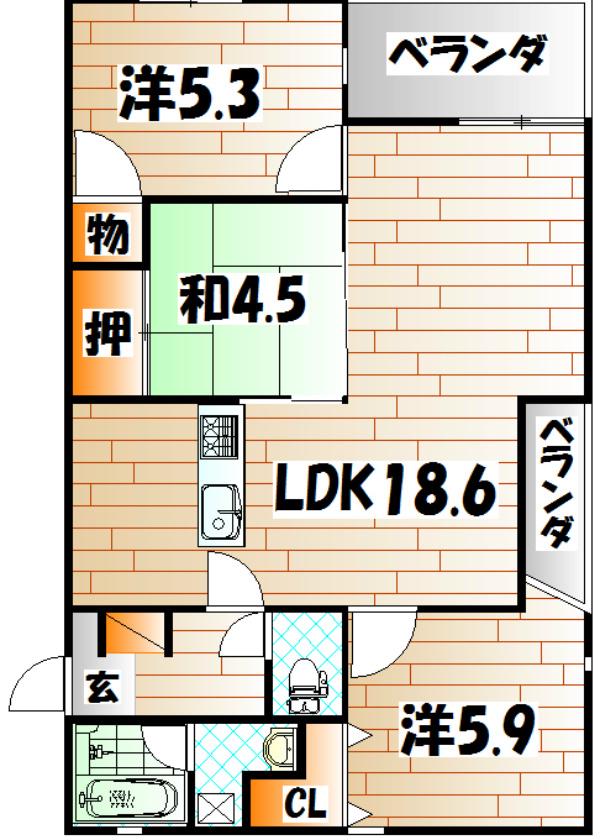 ニューガイアソラーレ葛原(3LDK/3階)の間取り写真