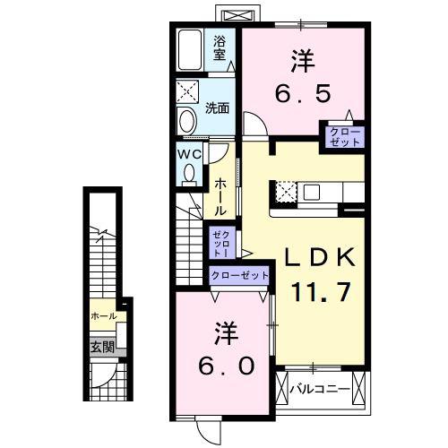 オーク・ヴィレッヂB(2LDK/2階)の間取り写真