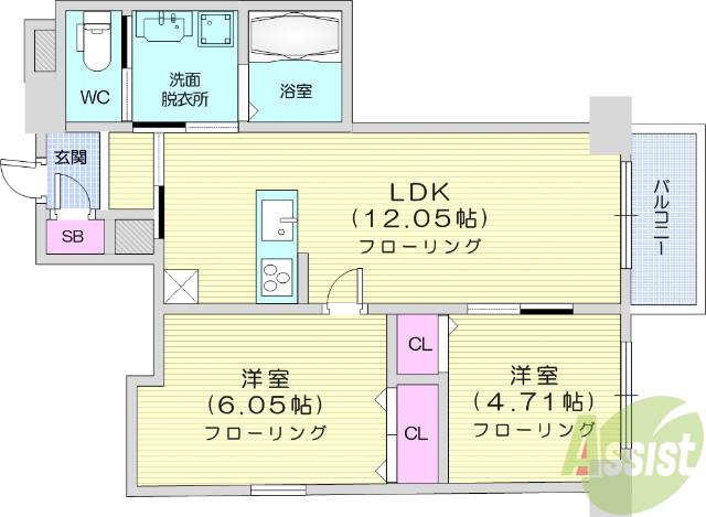 グラン・ドミール小田原山本丁(2LDK/12階)の間取り写真