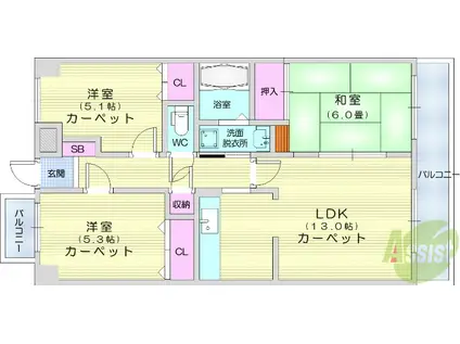 グローリィハイツNO2(3LDK/6階)の間取り写真
