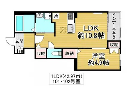 THE NOOK ウエスト(1LDK/1階)の間取り写真