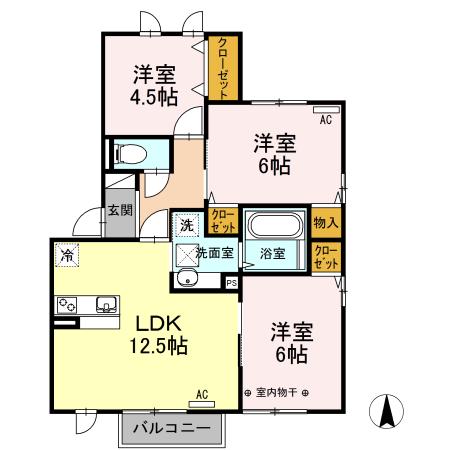 タイニーベル A(3LDK/1階)の間取り写真