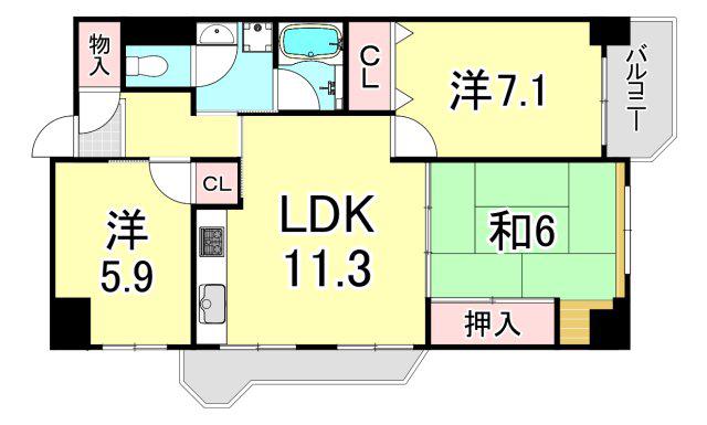 UR武庫川 22号棟(2LDK/10階)の間取り写真