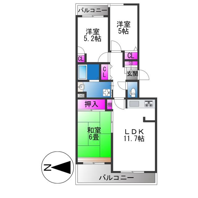 グランビュー山手(3LDK/3階)の間取り写真