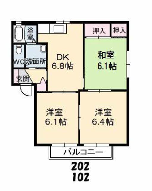 アメニティ朝倉 A棟(3DK/2階)の間取り写真