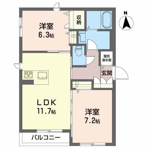 プロヌーブ不来方II(2LDK/1階)の間取り写真