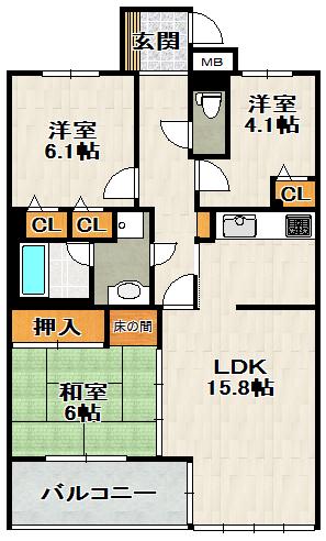 宝塚ガーデンヴィレッジD棟(3LDK/2階)の間取り写真