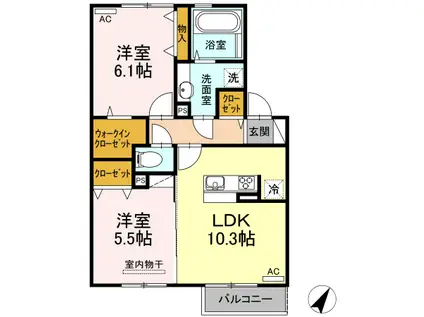 ヴィラージュ月出 B棟(2LDK/2階)の間取り写真