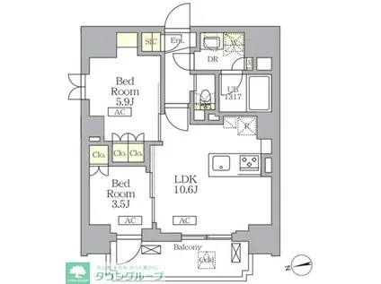 ザ・ライオンズフォーシア文京湯島(2LDK/5階)の間取り写真