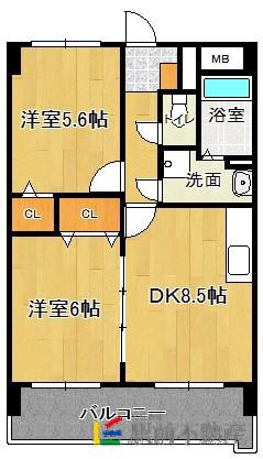 ヒルズ天神(2DK/6階)の間取り写真