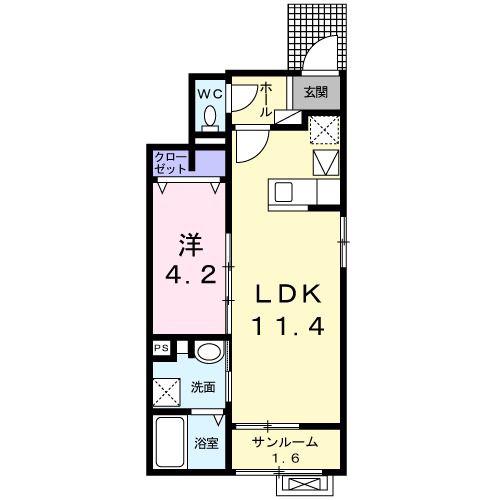 ソーレ ヴィラッジョ(1LDK/1階)の間取り写真