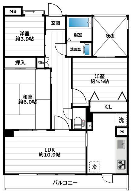 津田沼マンション(3LDK/4階)の間取り写真