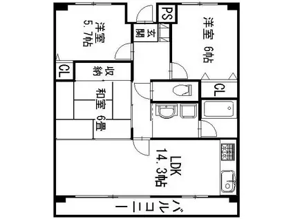 クレール安芸(3LDK/4階)の間取り写真