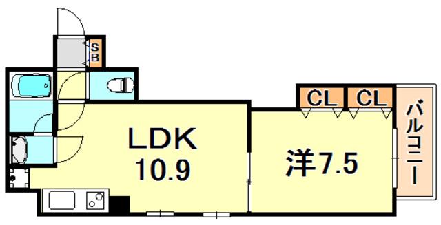 アミーグランコート三宮(1LDK/10階)の間取り写真