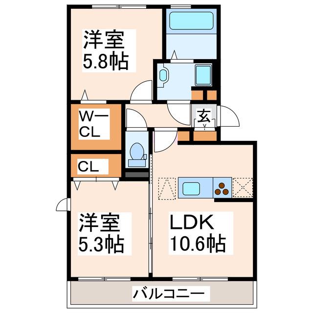 ハピネスヒルズ長嶺 A棟(2LDK/2階)の間取り写真