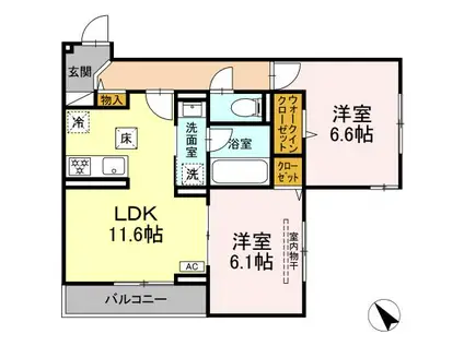ディー パイナ 鴨居2(2LDK/1階)の間取り写真