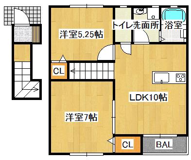 フォレスト平野B 西棟(2LDK/2階)の間取り写真