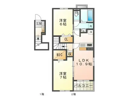 アレグロ ヴィヴァーチェ C(2LDK/2階)の間取り写真