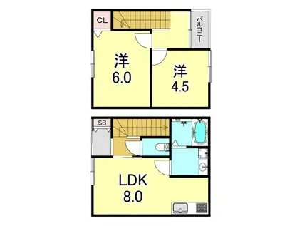 房王寺町3丁目C棟PJ(2LDK/1階)の間取り写真