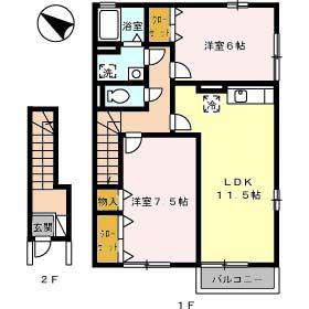 ローズコートHATAKA D棟(2LDK/2階)の間取り写真