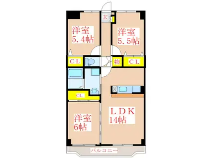 M.Kマンションかすみ(3LDK/5階)の間取り写真