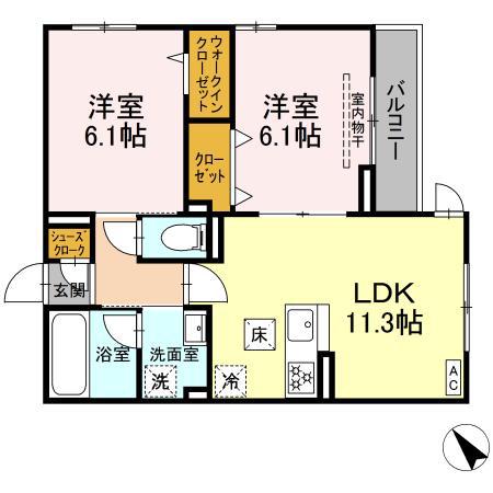 ディー パイナ 鴨居2(2LDK/1階)の間取り写真