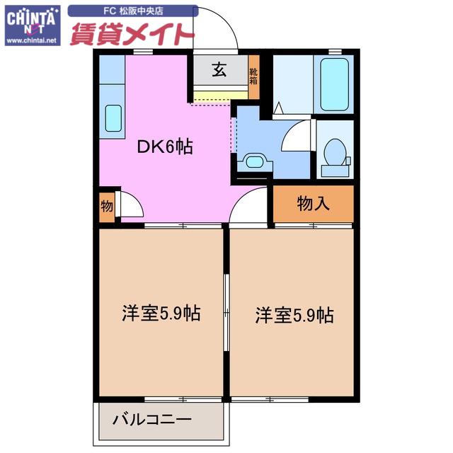 ルーチェ B棟(2DK/1階)の間取り写真